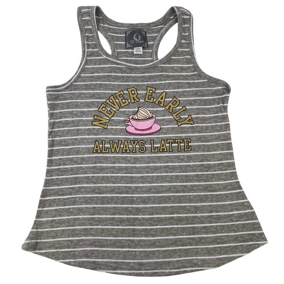 PJ Couture NEVER EARLY ALWAYS LATTE Gray White Stripe Racerback Tank Top Medium - Picture 1 of 8